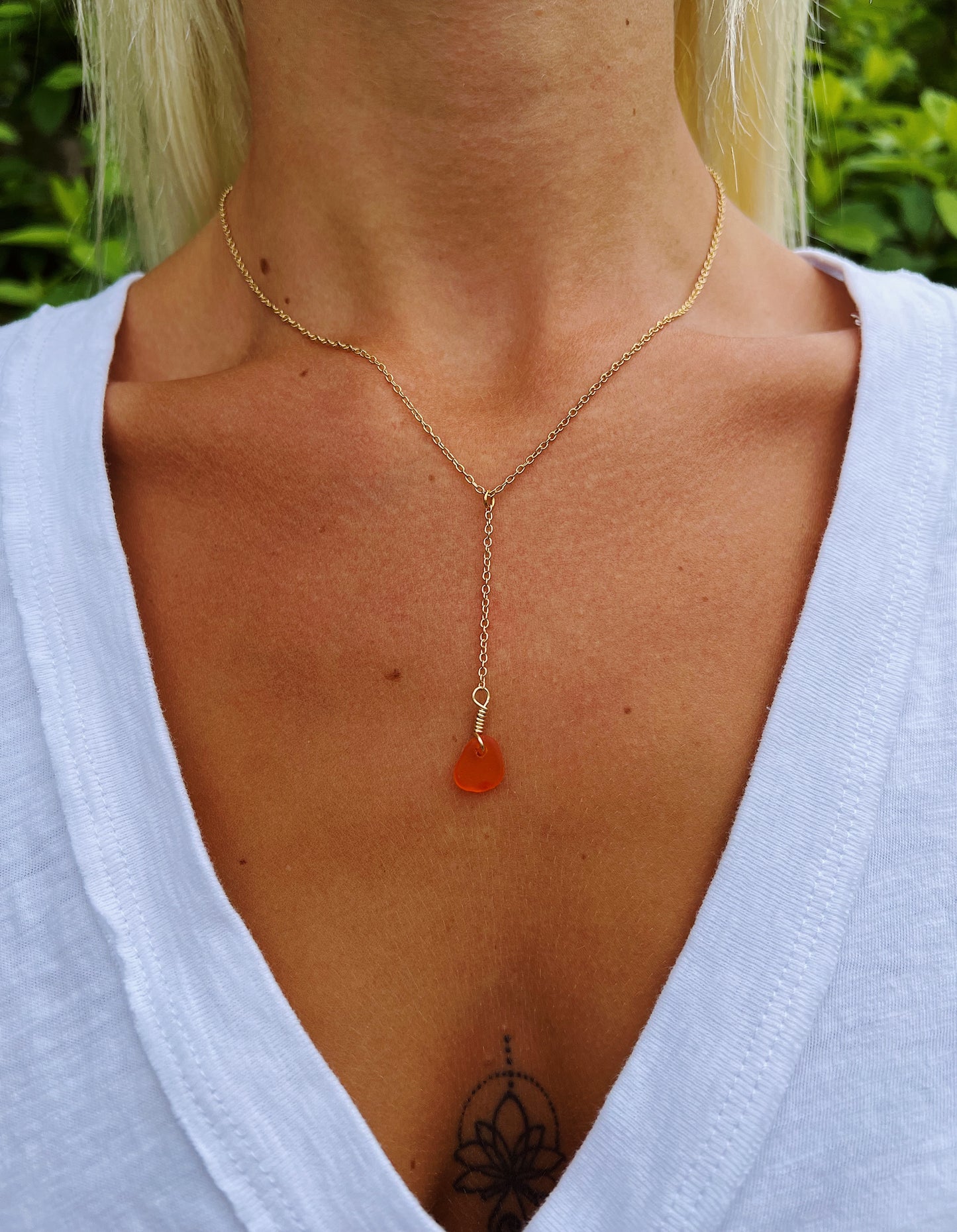 Neon Orange Sea Glass Single Drop Necklace