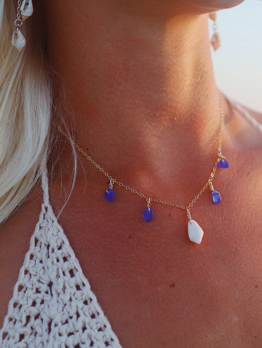 Gold Filled Royal Blue Sea Glass & White Cone Shell Multi Necklace