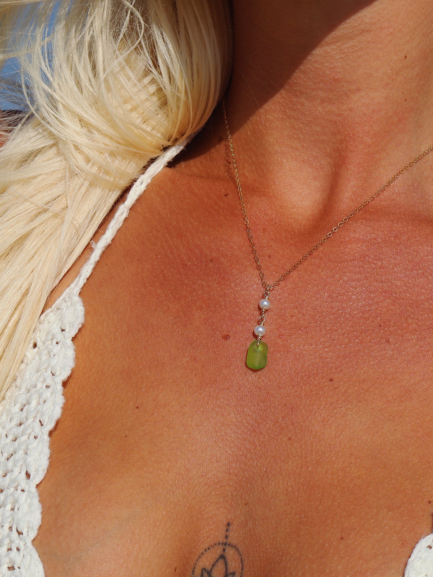 Gold Filled Neon Green Sea Glass & Freshwater Pearl Necklace
