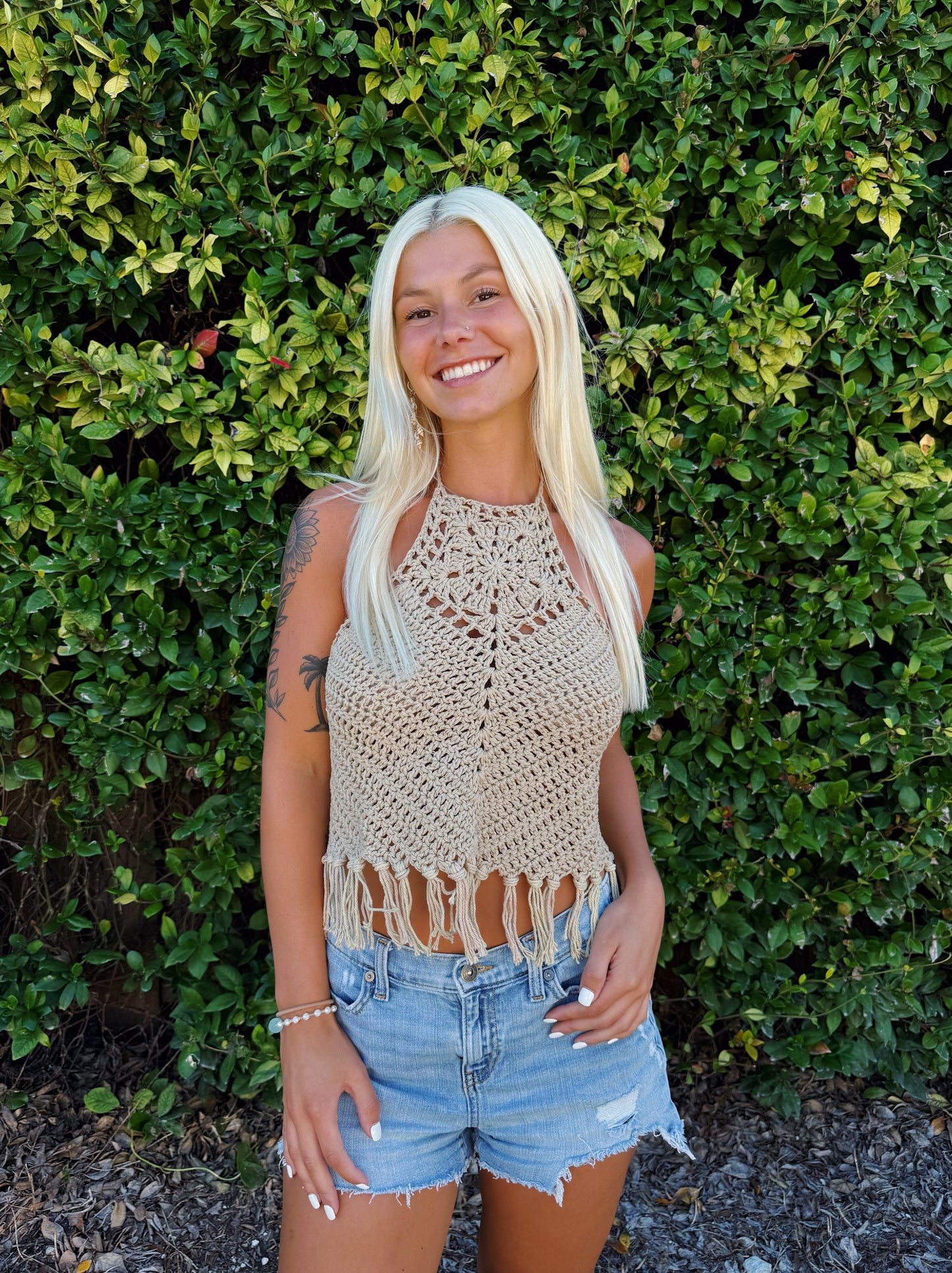 Neutral Crochet Fringe Halter Top