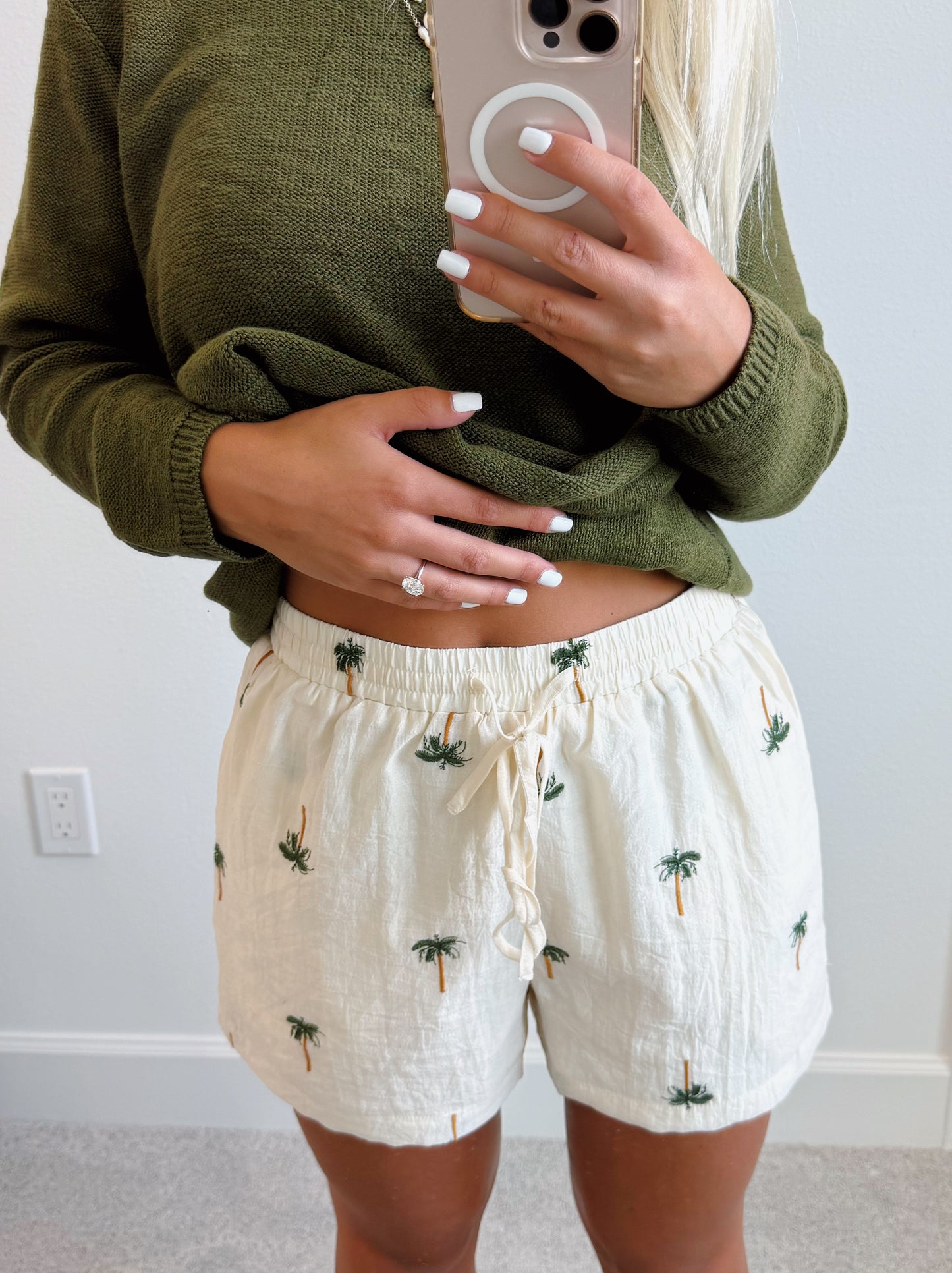 Cream Embroidered Mini Palm Tree Shorts