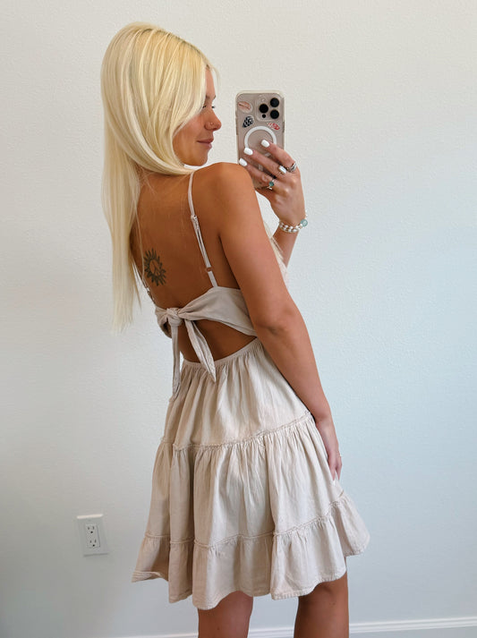 Beige Crochet Flowy Ruffle Dress