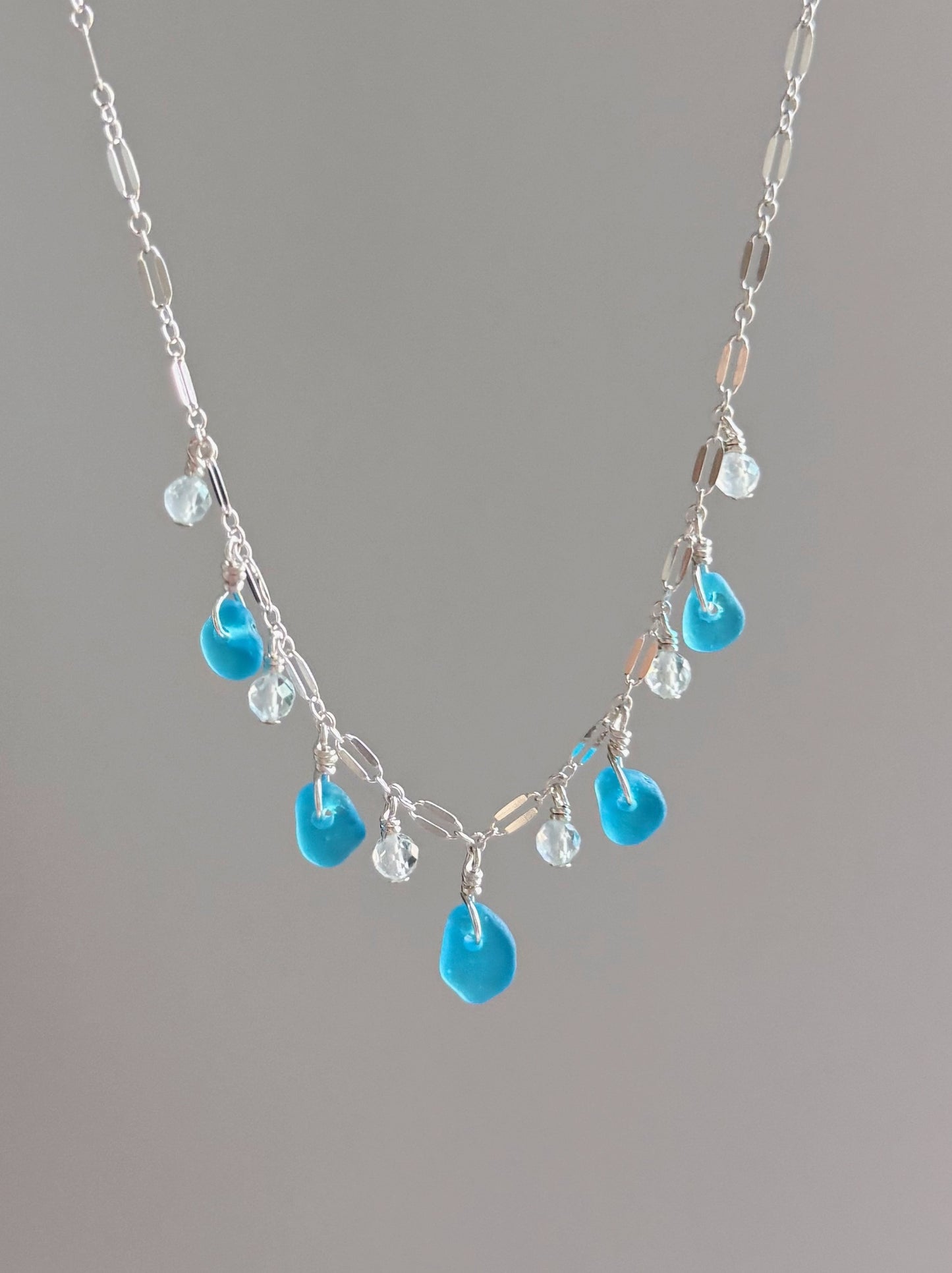 Sterling Silver Ocean Blue Sea Glass Gemstone Multi Sparkle Necklace