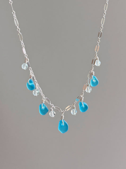 Sterling Silver Ocean Blue Sea Glass Gemstone Multi Sparkle Necklace
