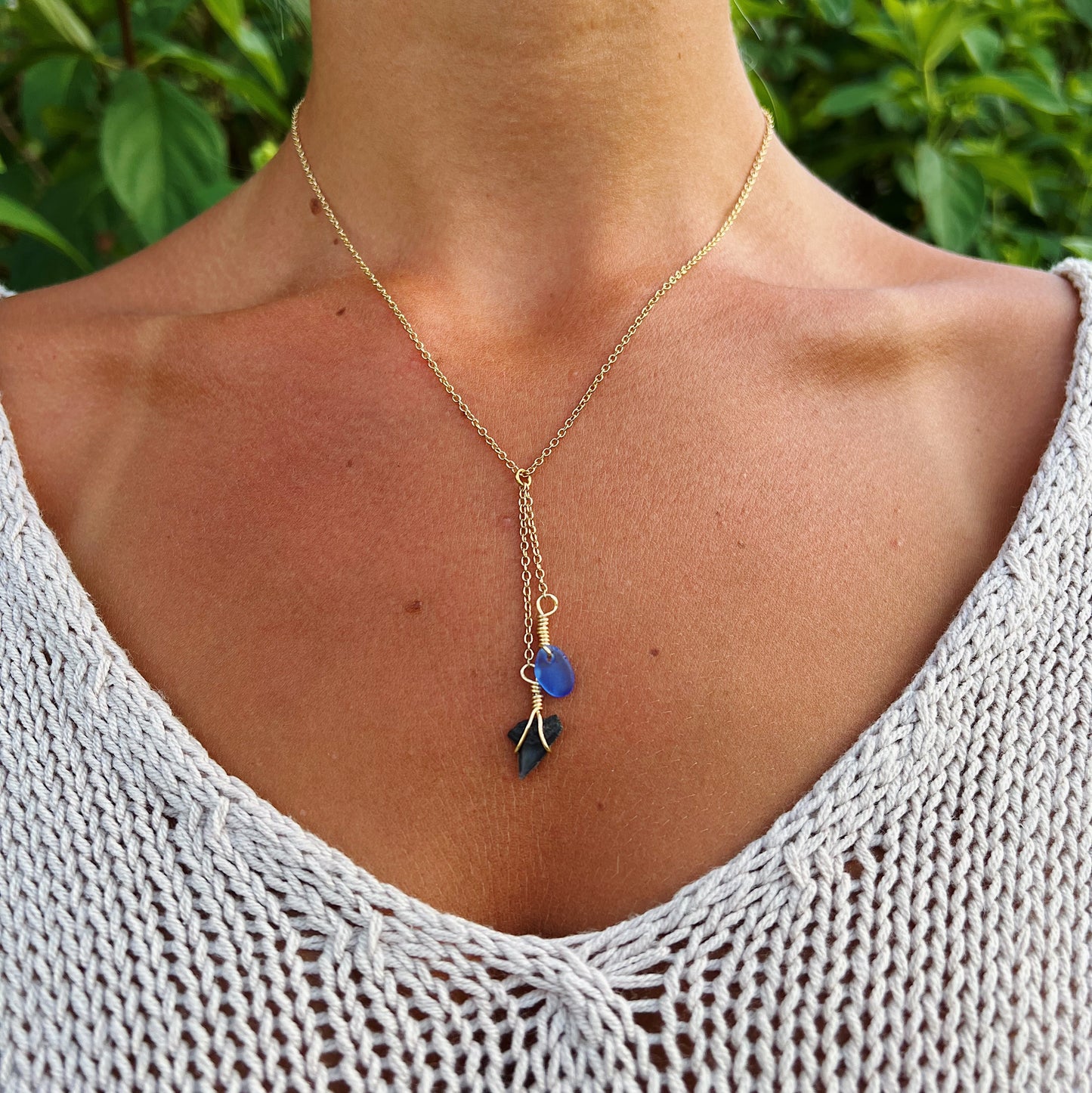 Shark Tooth & Royal Blue Sea Glass Gold Drop Necklace