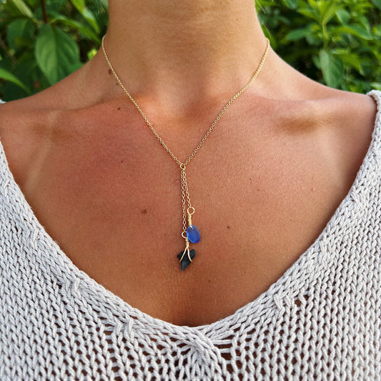 Shark Tooth & Royal Blue Sea Glass Gold Drop Necklace