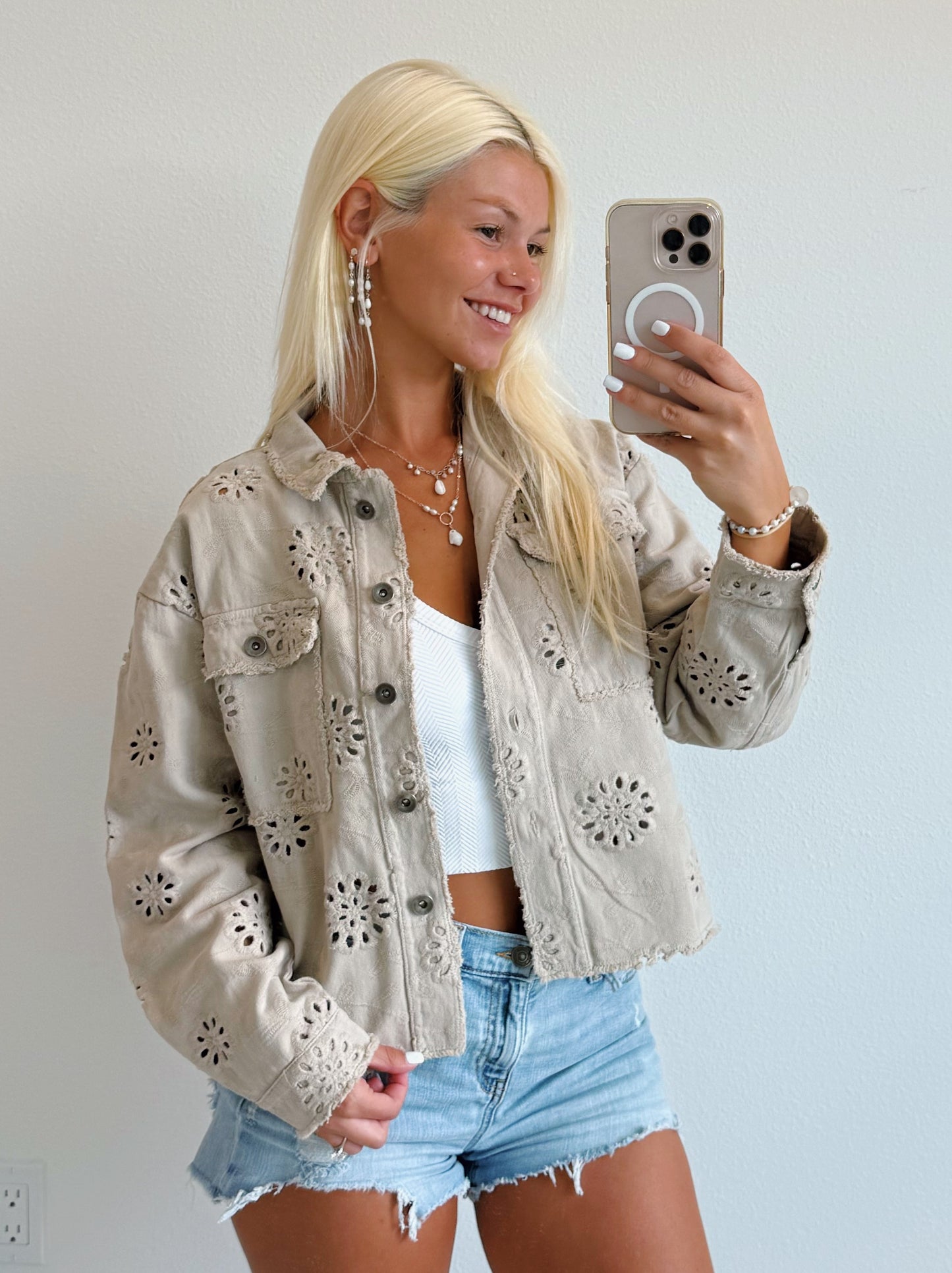 Eyelet Button Down Cotton Jacket
