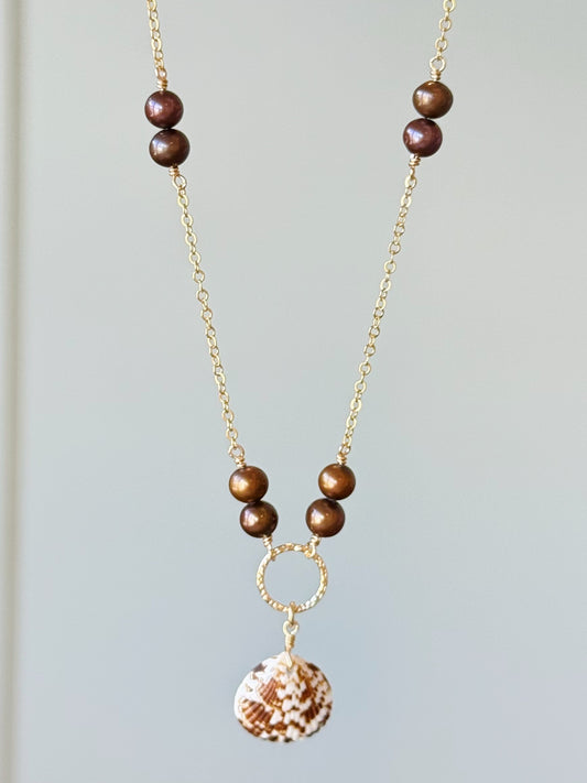 Gold Filled Brown Pearl Cayman Scallop Shell Necklace