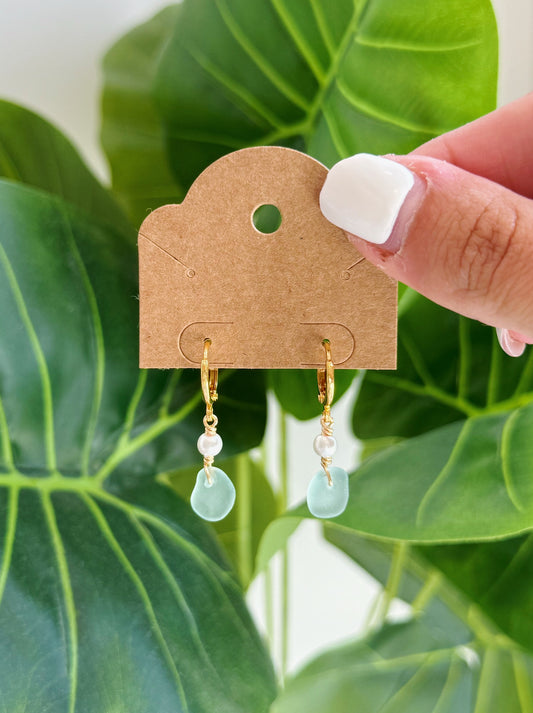 Gold Sea Foam Sea Glass Pearl Hoop Earrings
