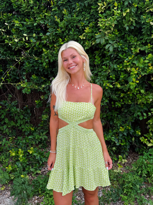 Light Green Floral Cut Out Dress