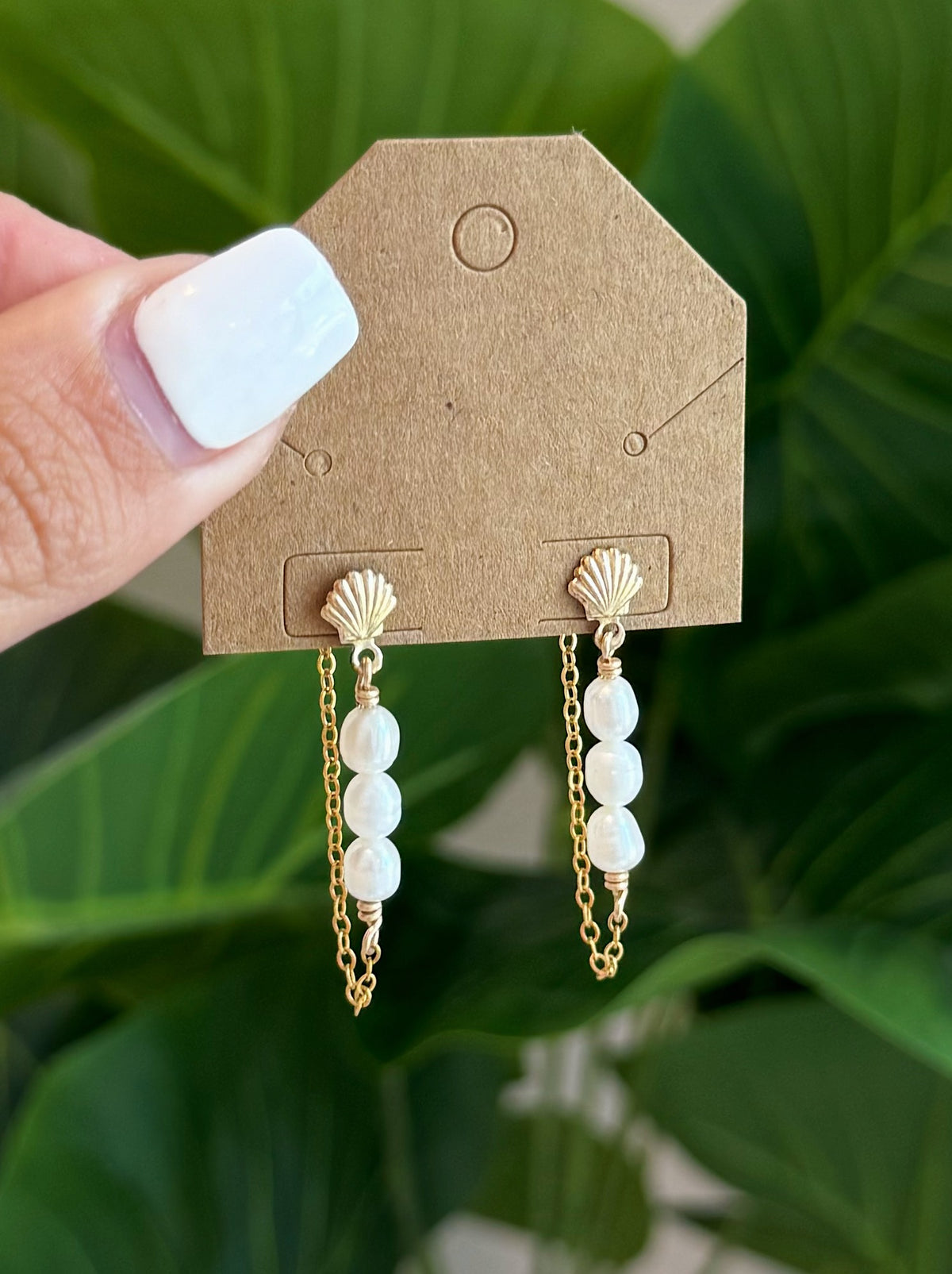 Gold Filled Shell Stud Pearl Threader Dangle Earrings