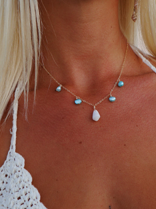 Gold Filled White Cone Shell & Blue Pearl Multi Necklace