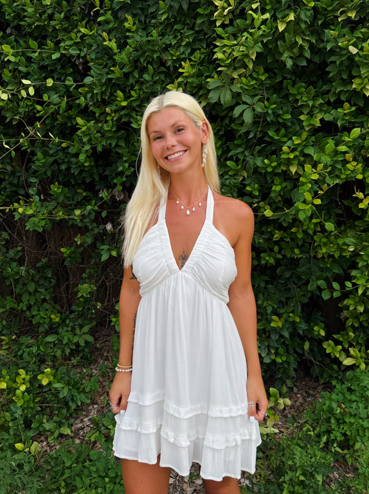 Off White V Neck Halter Ruffle Dress