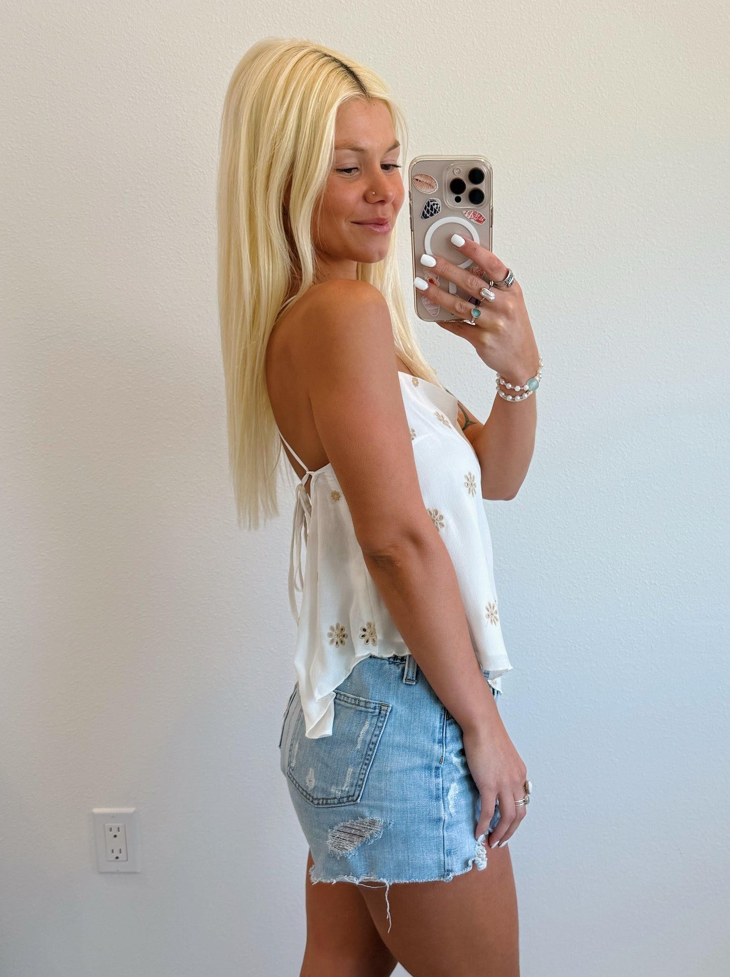 White Square Neck w/ Tan Flowers Tie Back Tank