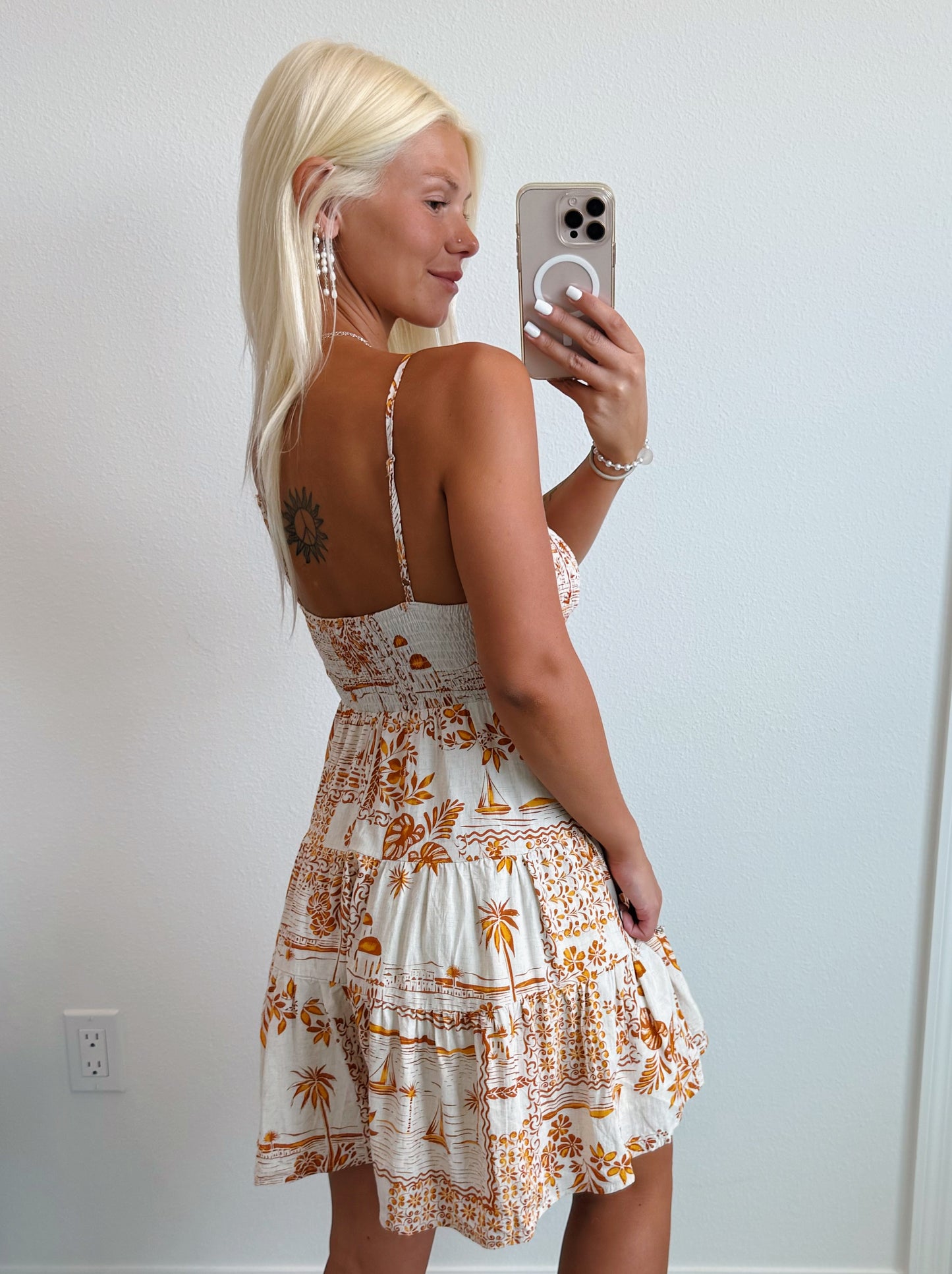 Golden Glow Palm Smocked Babydoll Romper