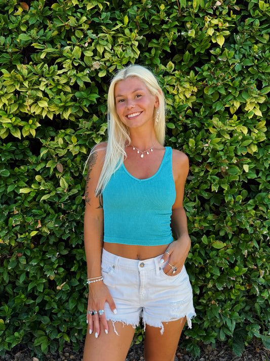 Vintage Teal V Neck Ribbed Crop Top