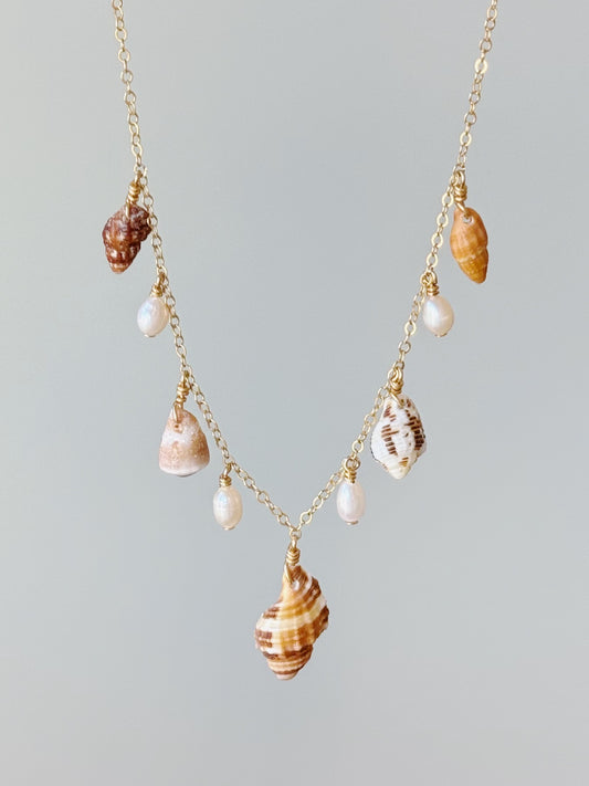 Gold Filled Brown Neutral Triton Shell Baroque Pearl Multi Necklace