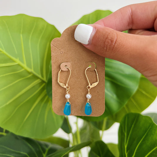 Gold Blue Sea Glass Pearl Earrings