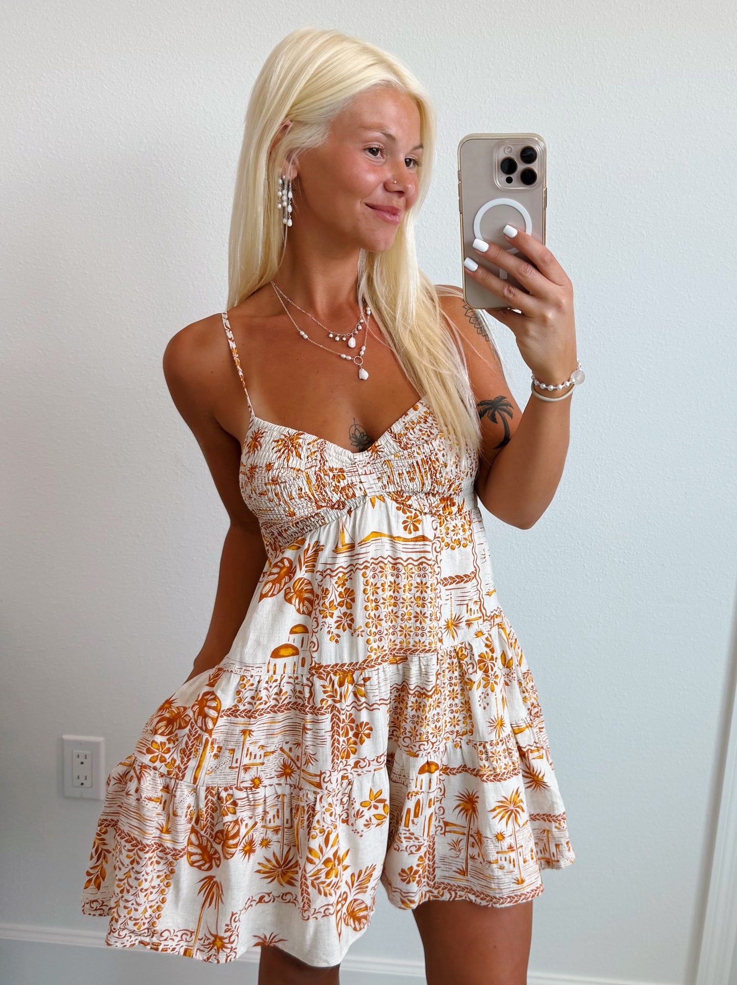 Golden Glow Palm Smocked Babydoll Romper