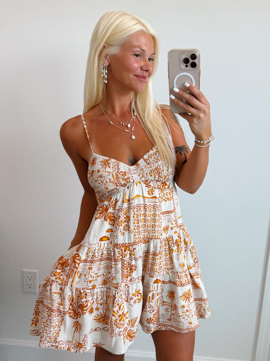 Golden Glow Palm Smocked Babydoll Romper Dress