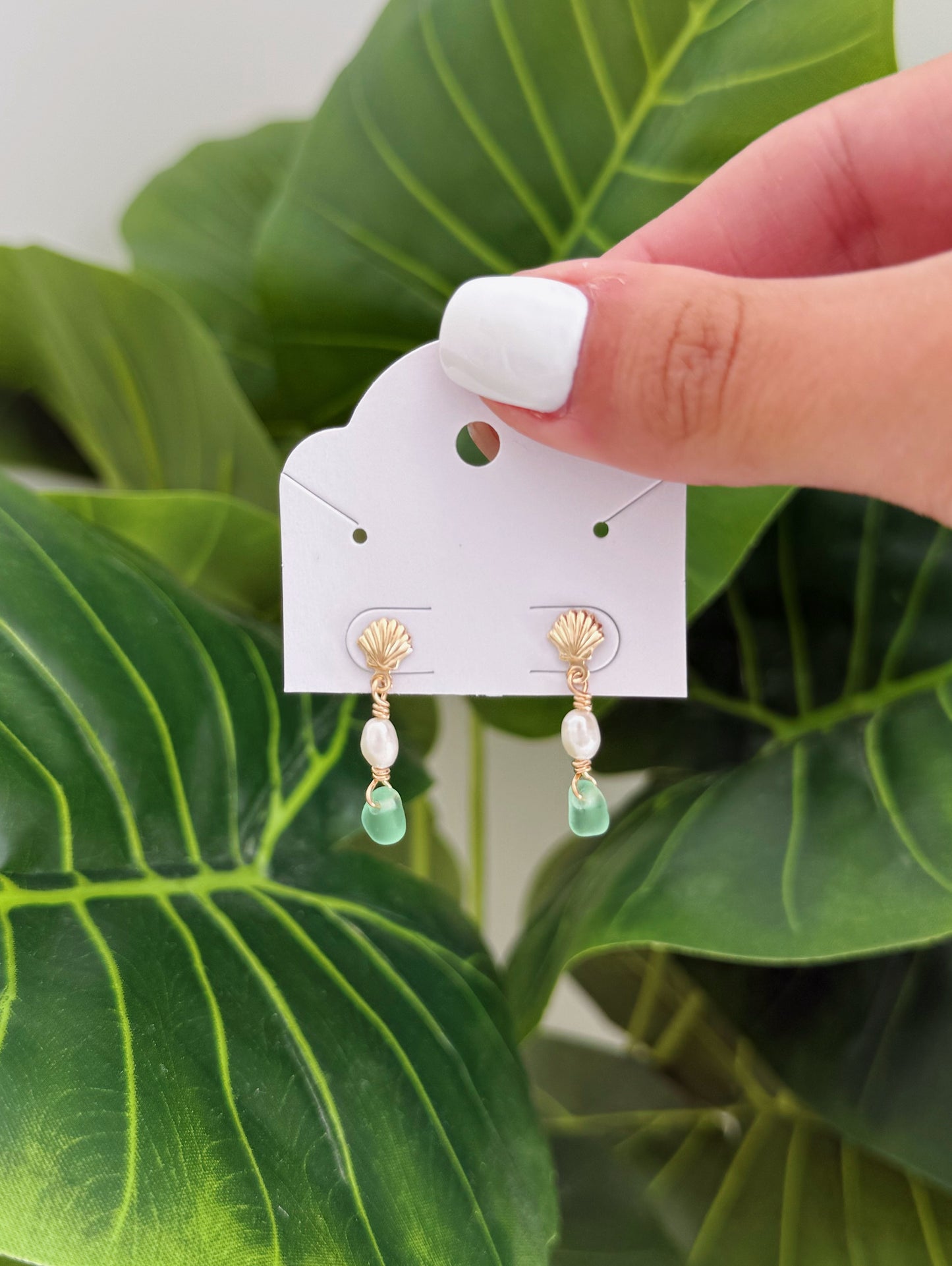 Gold Filled Green Sea Glass Shell Studs