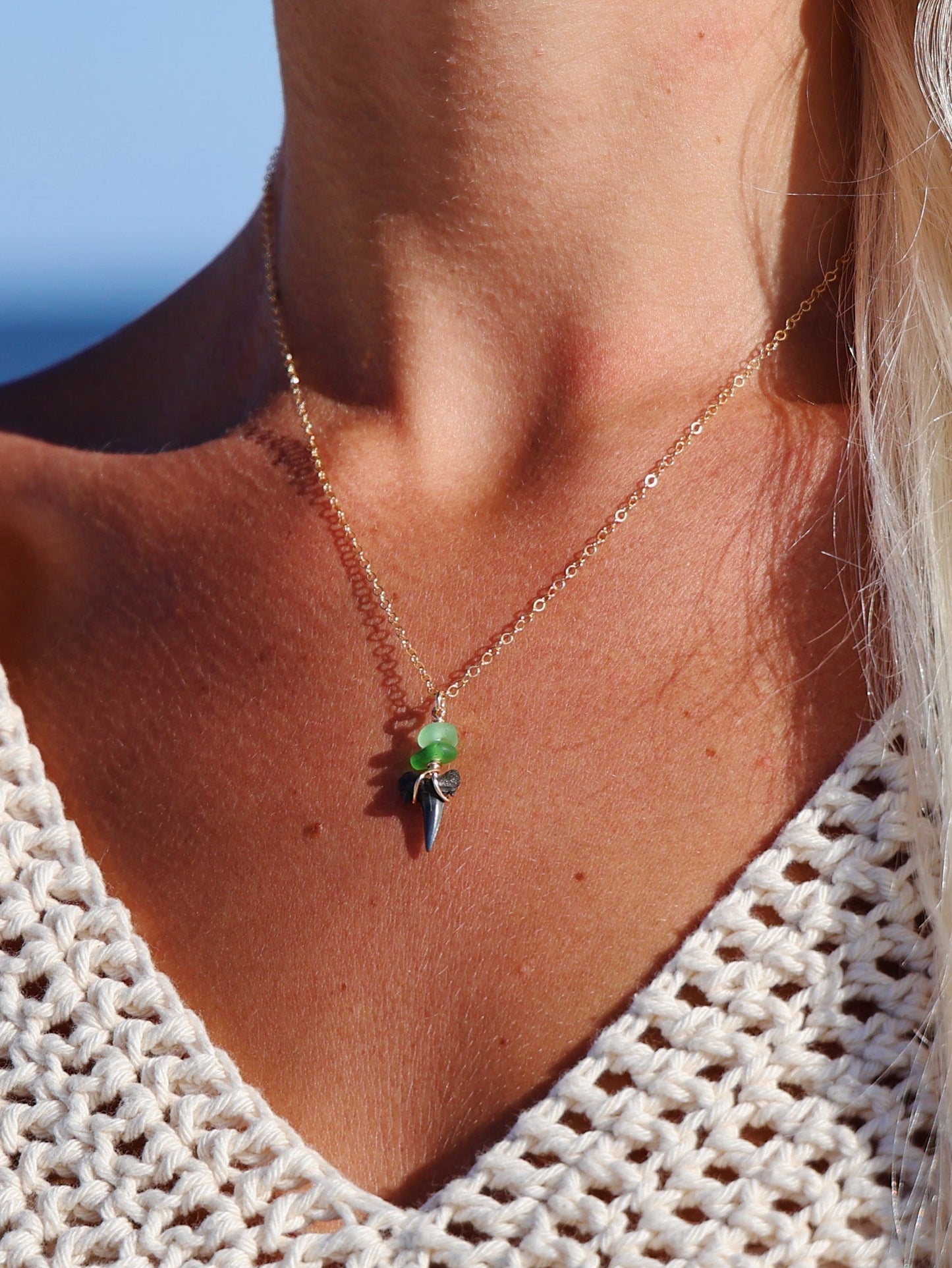Gold Filled Mix Green Sea Glass Stack Shark Tooth Necklace