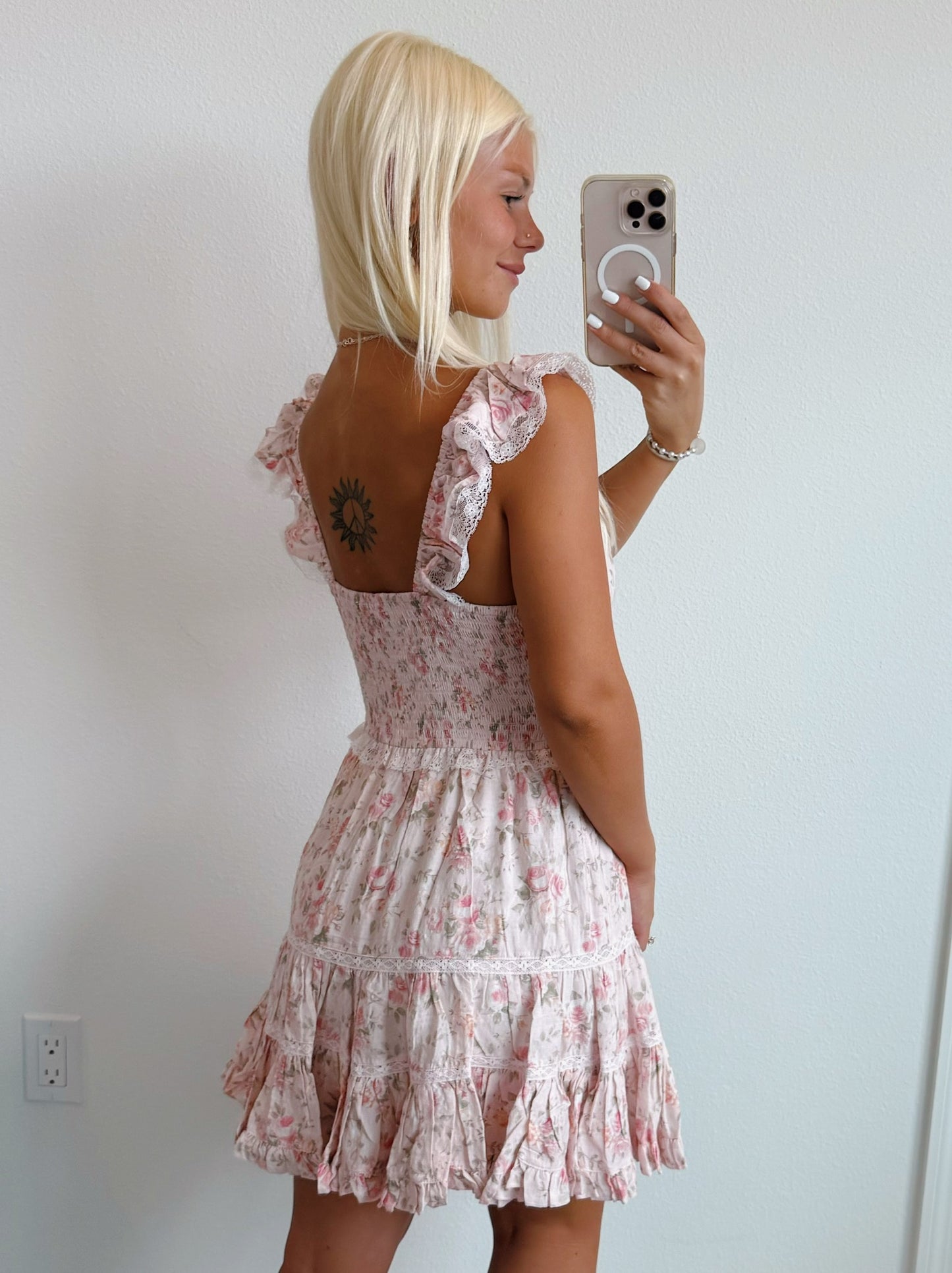 Floral Lace Ruffle Shoulder Mini Dress