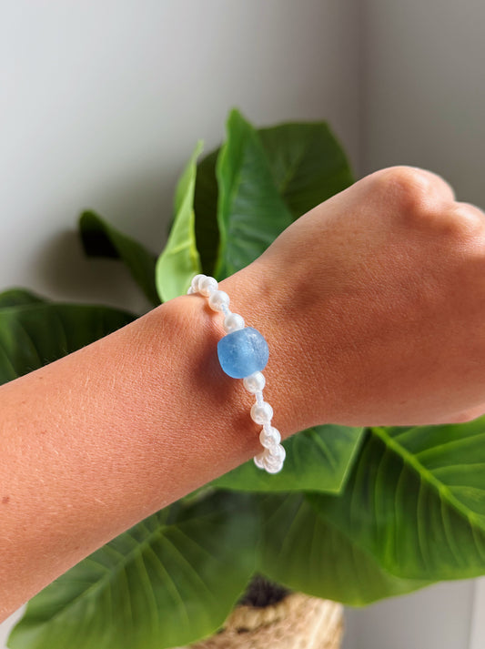Clear Blue Sea Glass Pearl Bracelet