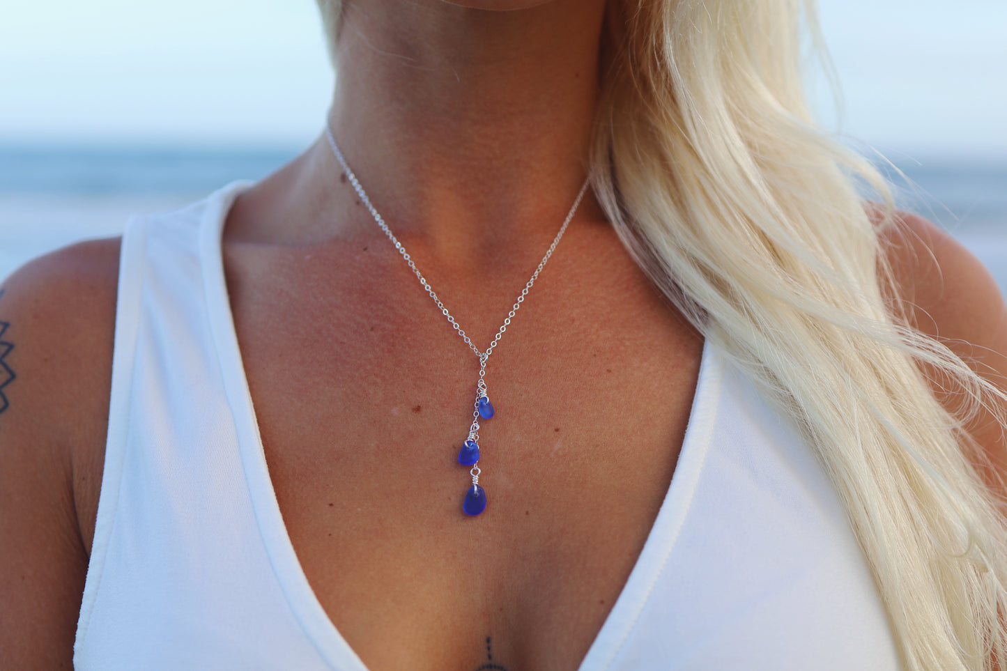 Sterling Silver Royal Blue Sea Glass Drop Necklace