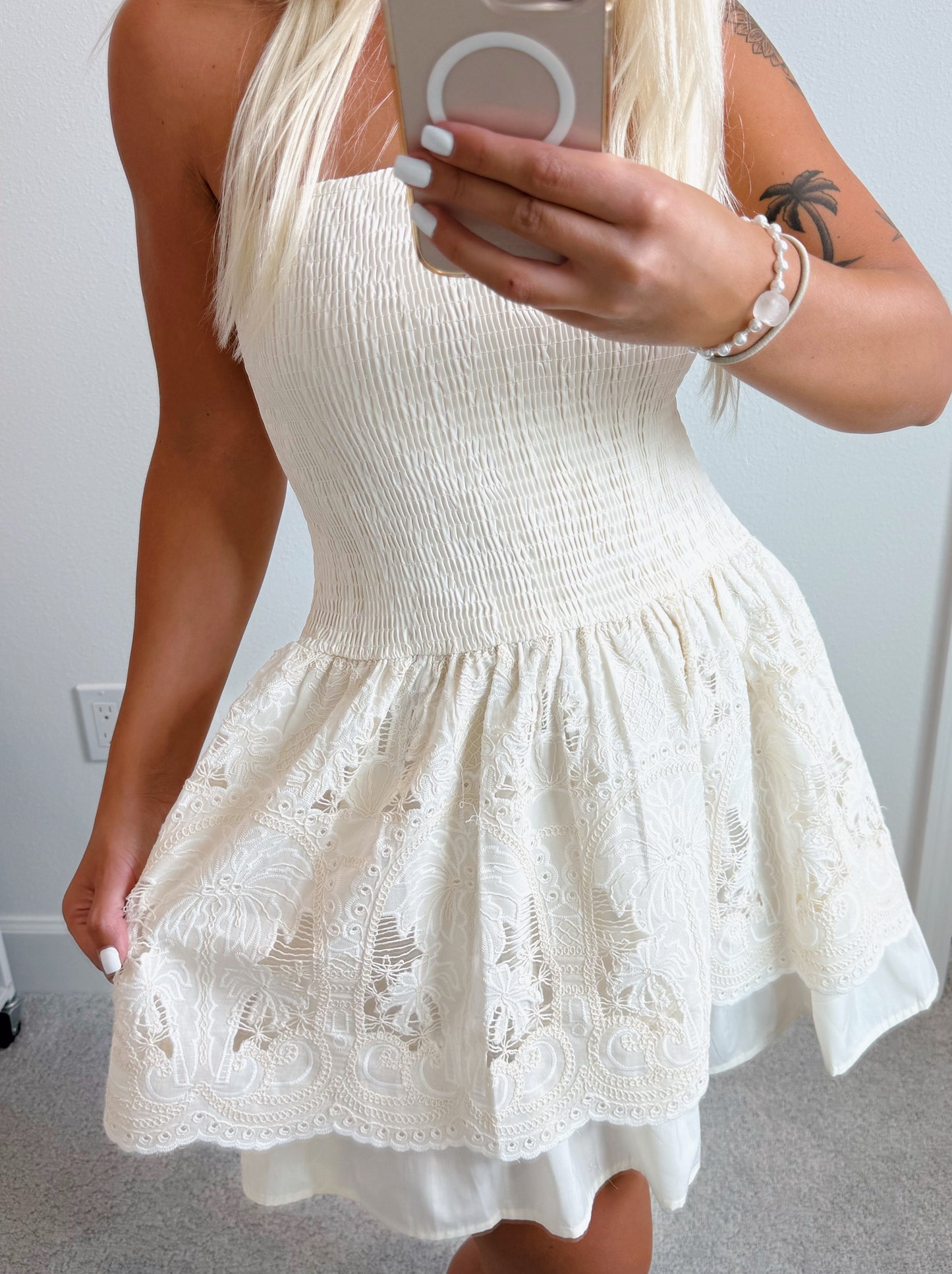 Cream Lace Embroidered Palm Tree Smocked Strapless Mini Dress