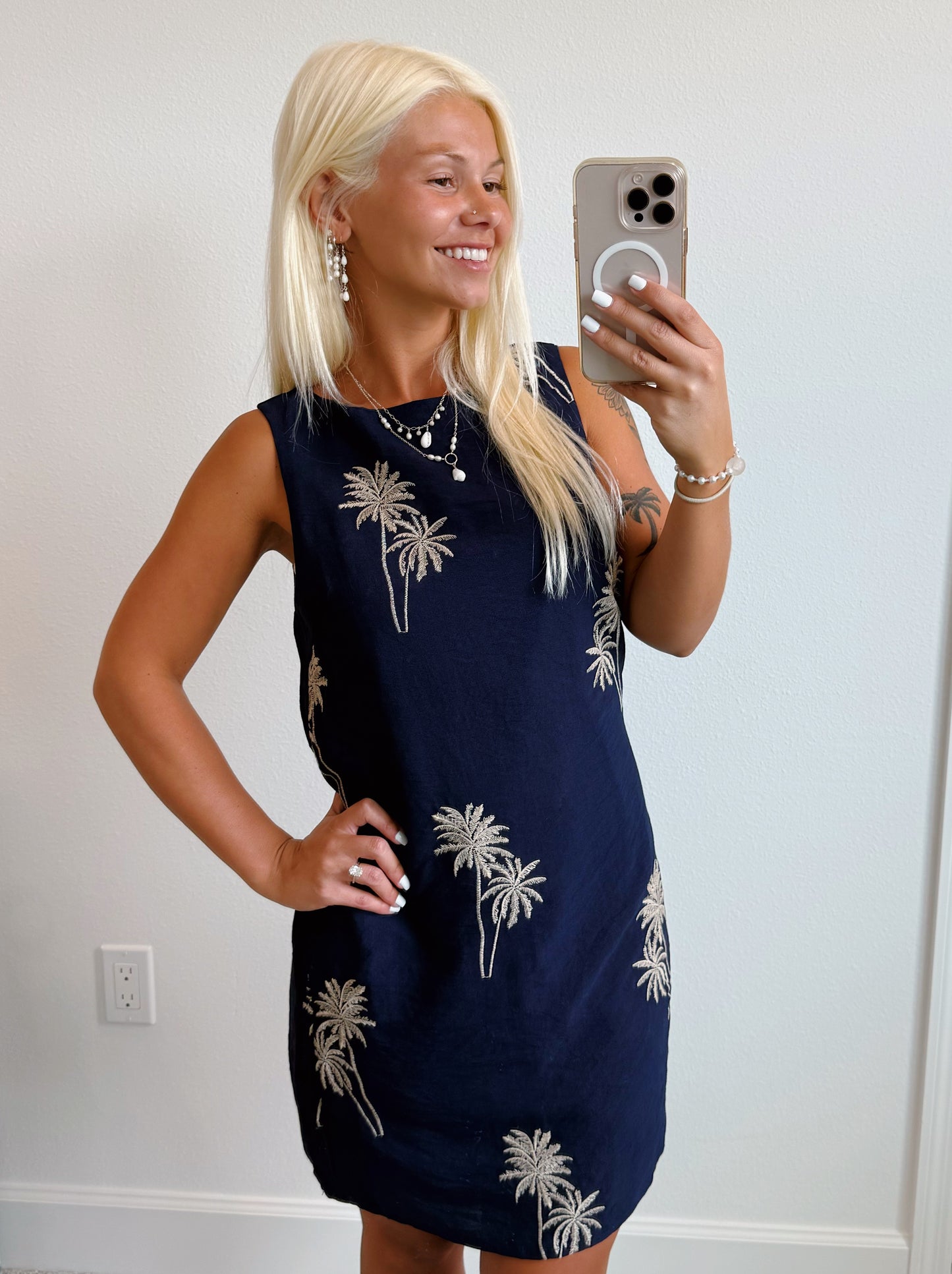 Navy Palm Tree Shift Dress