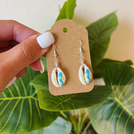 Blue Seahorse Cowrie Shell Earrings