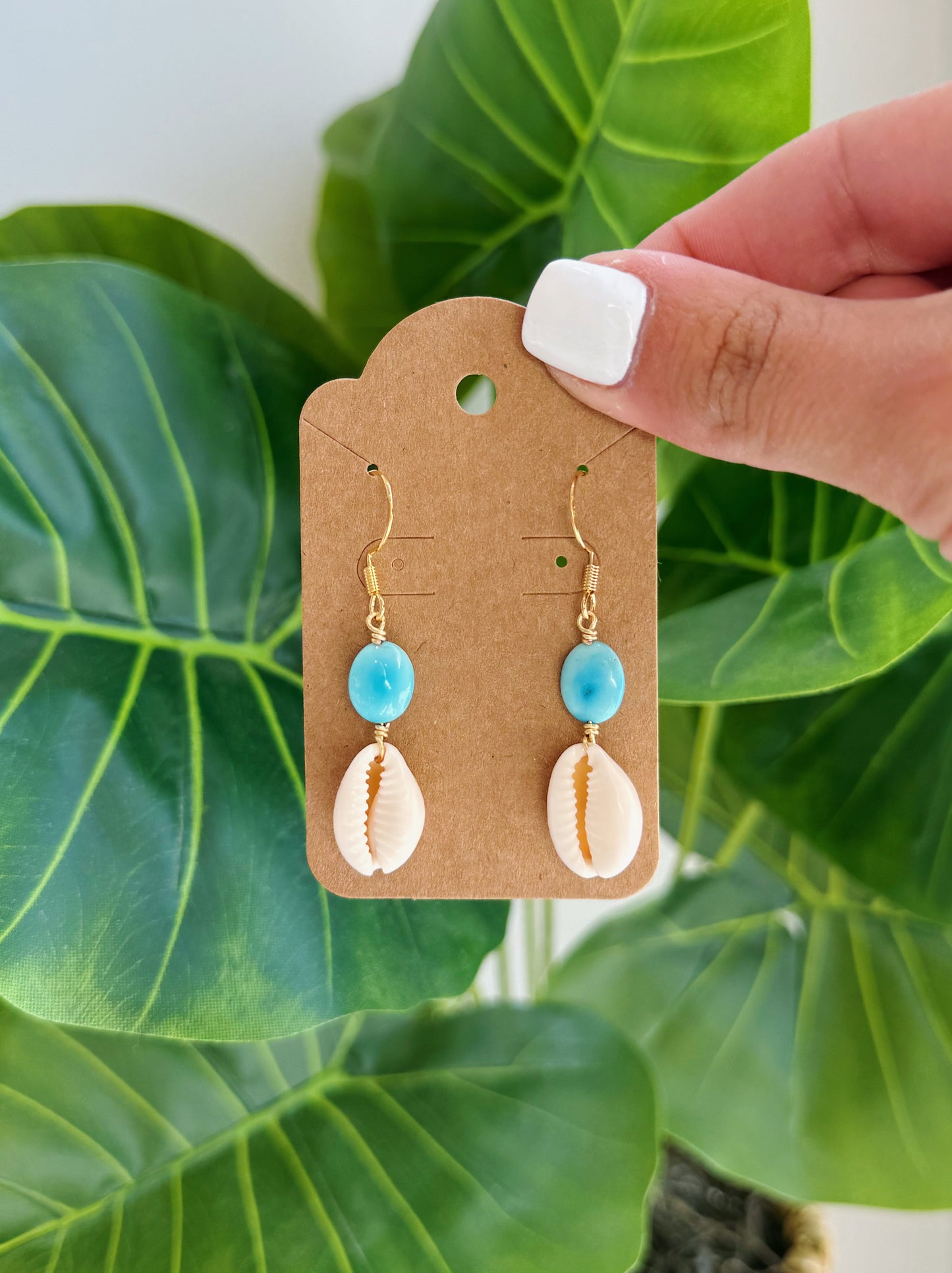 Gold Cowrie Shell & Turquoise Gemstone Earrings