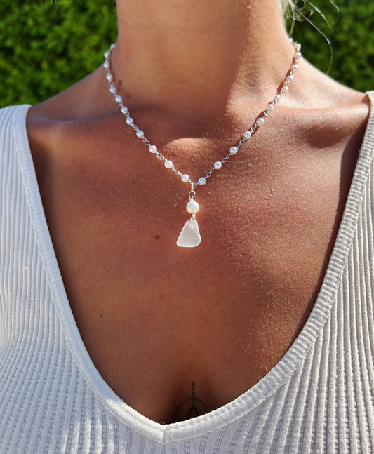 Silver Pearl Clear Sea Glass Necklace