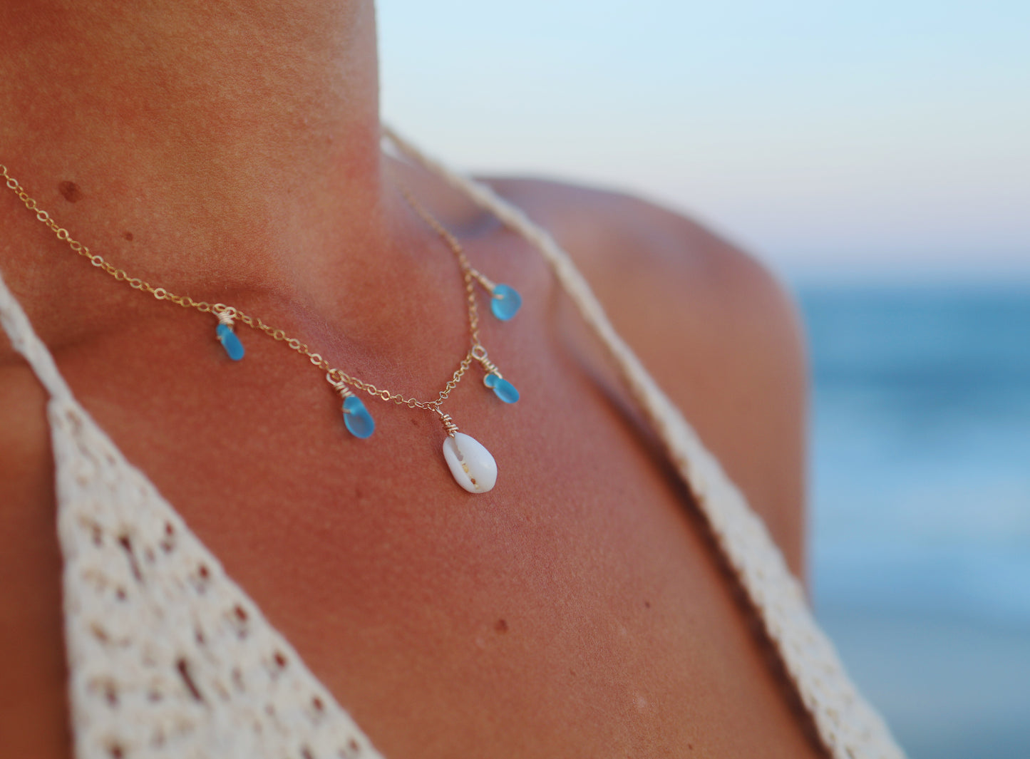 Gold Filled Turquoise Sea Glass & Cowrie Shell Multi Necklace