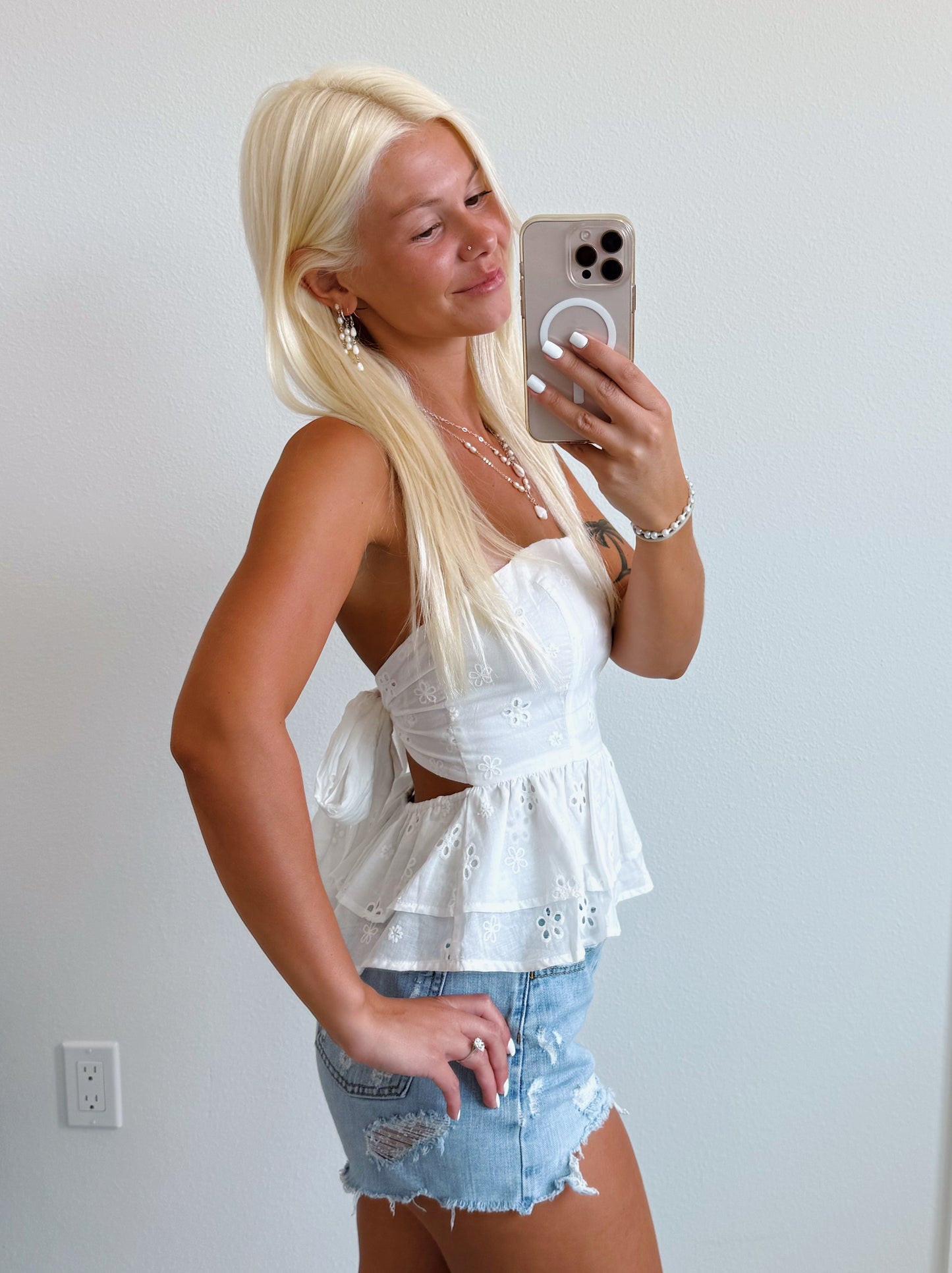 White Eyelet Strapless Tie Back Tank Top