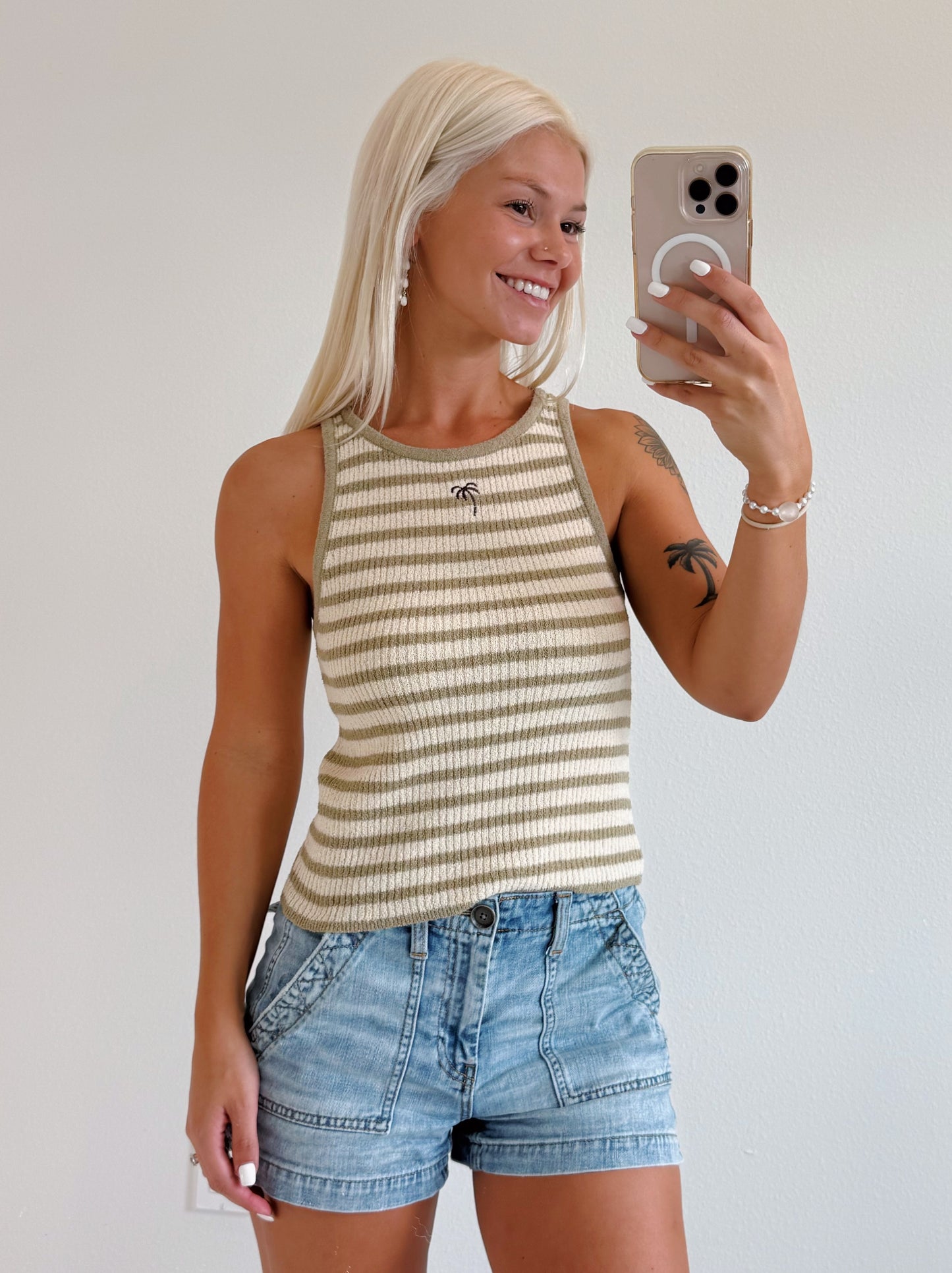 Olive Stripe Palm Embroidered Tank