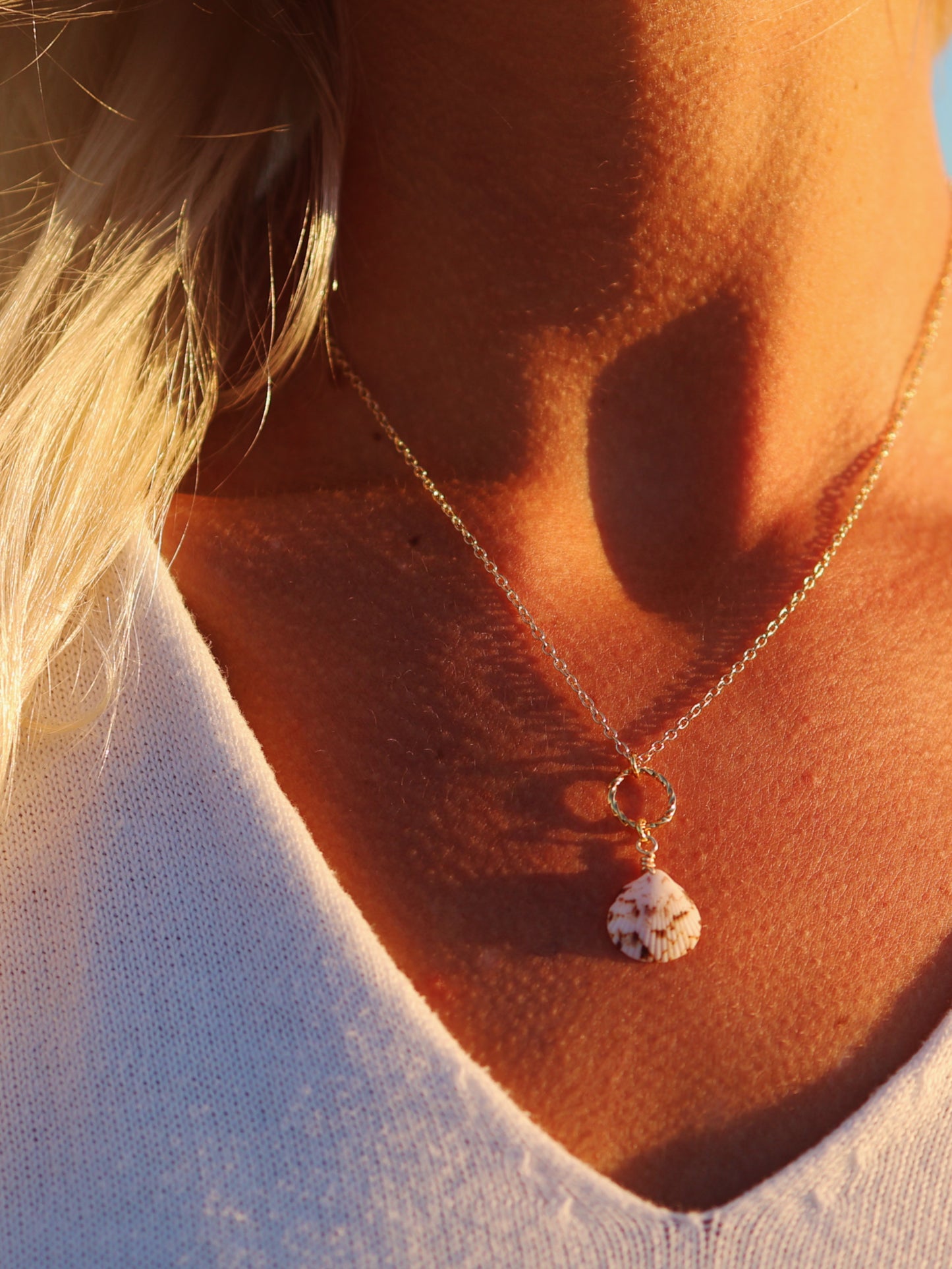 Gold Cayman Shell Hammered Circle Necklace