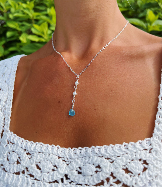 Silver Pearl Drop Light Blue Sea Glass Necklace