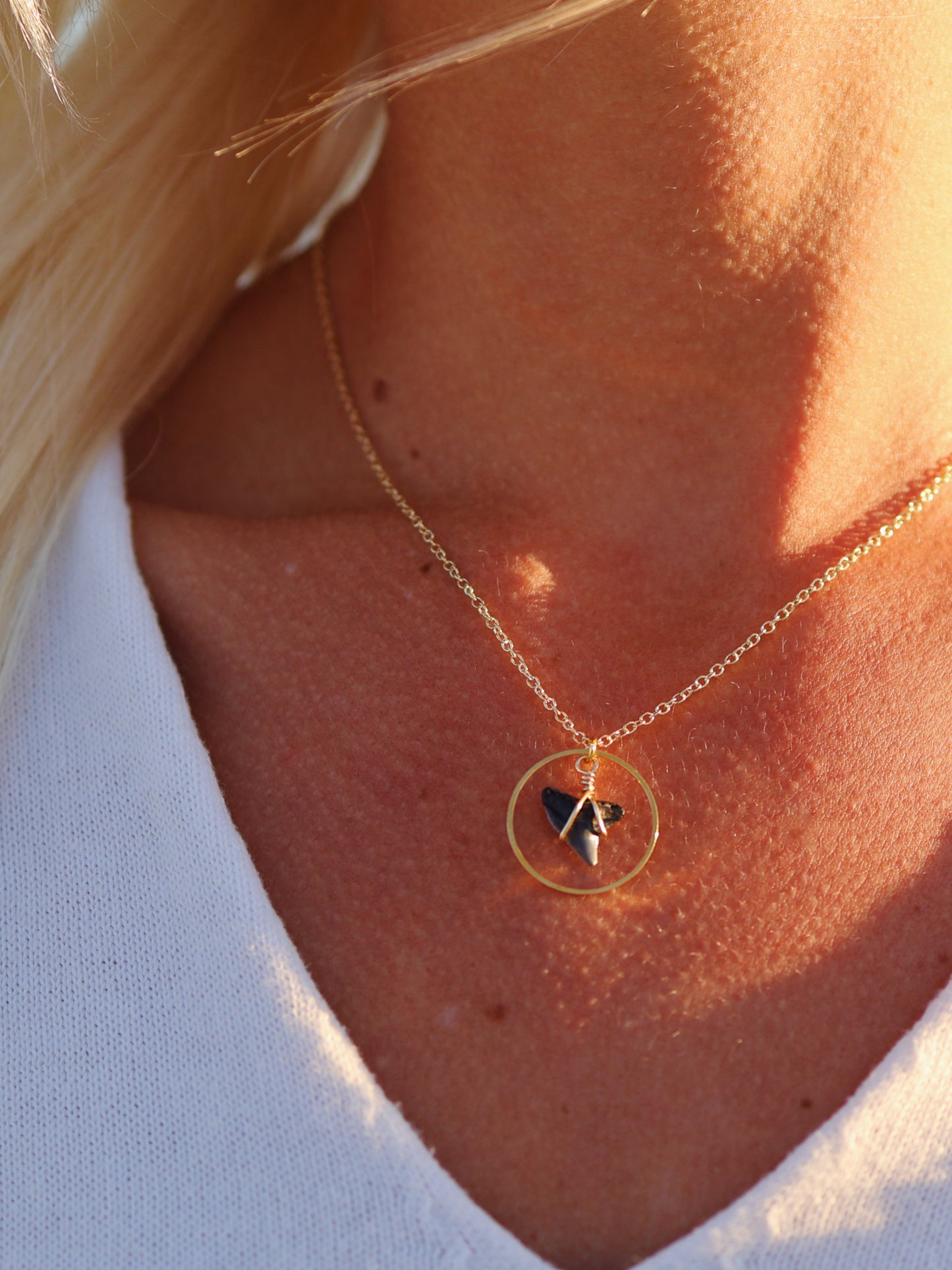 Gold Solid Circle Shark Tooth Necklace