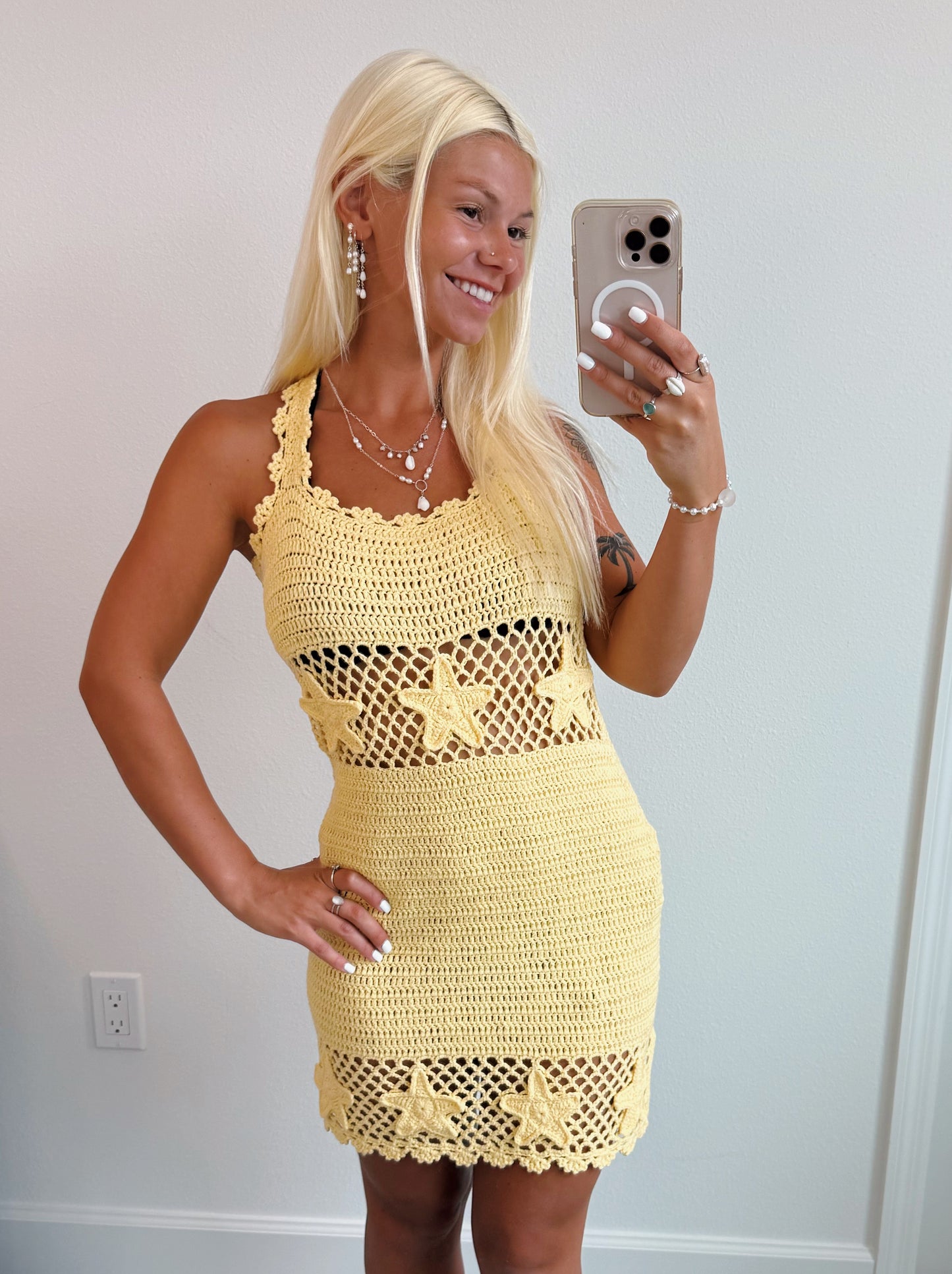 Yellow Crochet Starfish Beach Cover Up