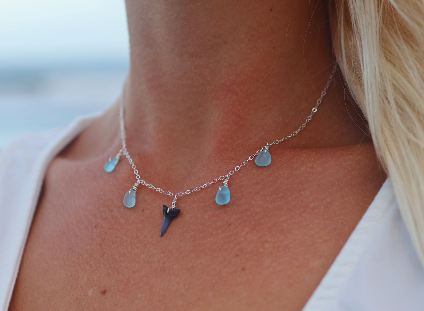 Sterling Silver Shark Tooth & Light Blue Sea Glass Multi Necklace