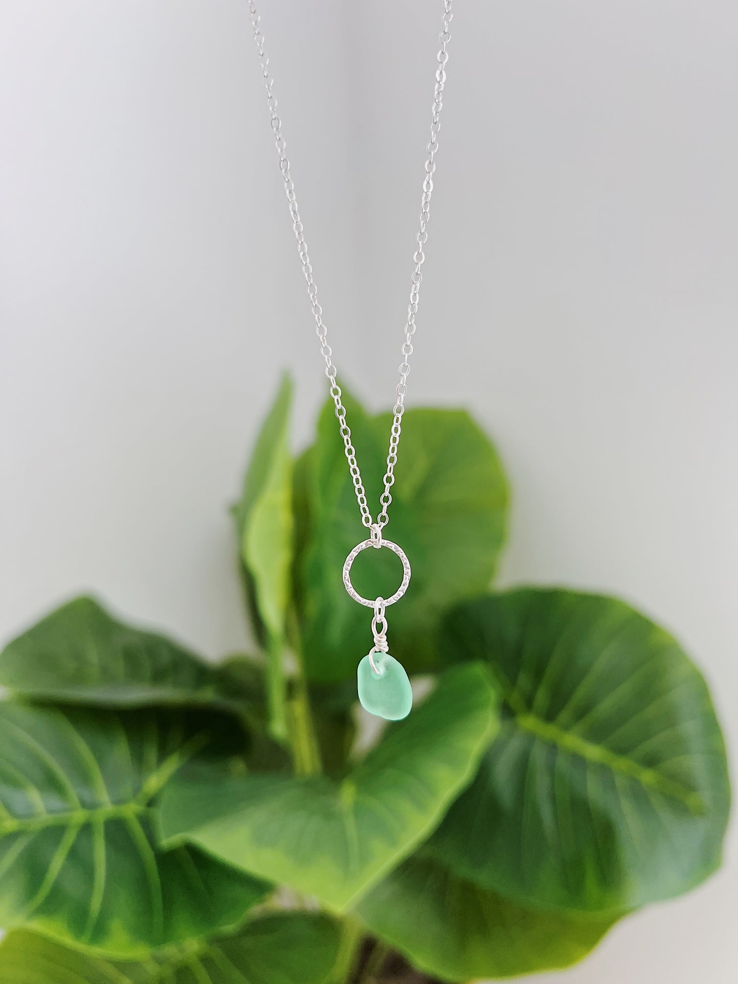 Sterling Silver Light Green Sea Glass Hammered Circle Necklace