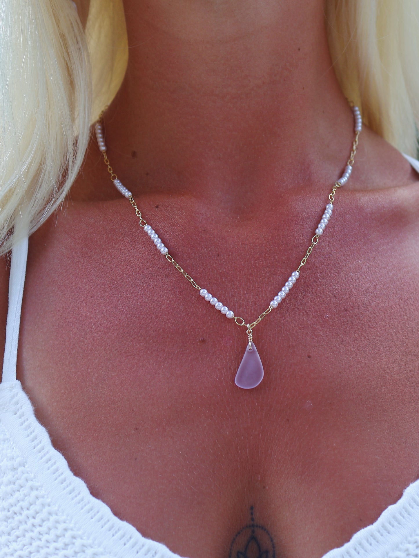 Gold Filled Pearl Chain Lilac Purple Sea Glass Necklace