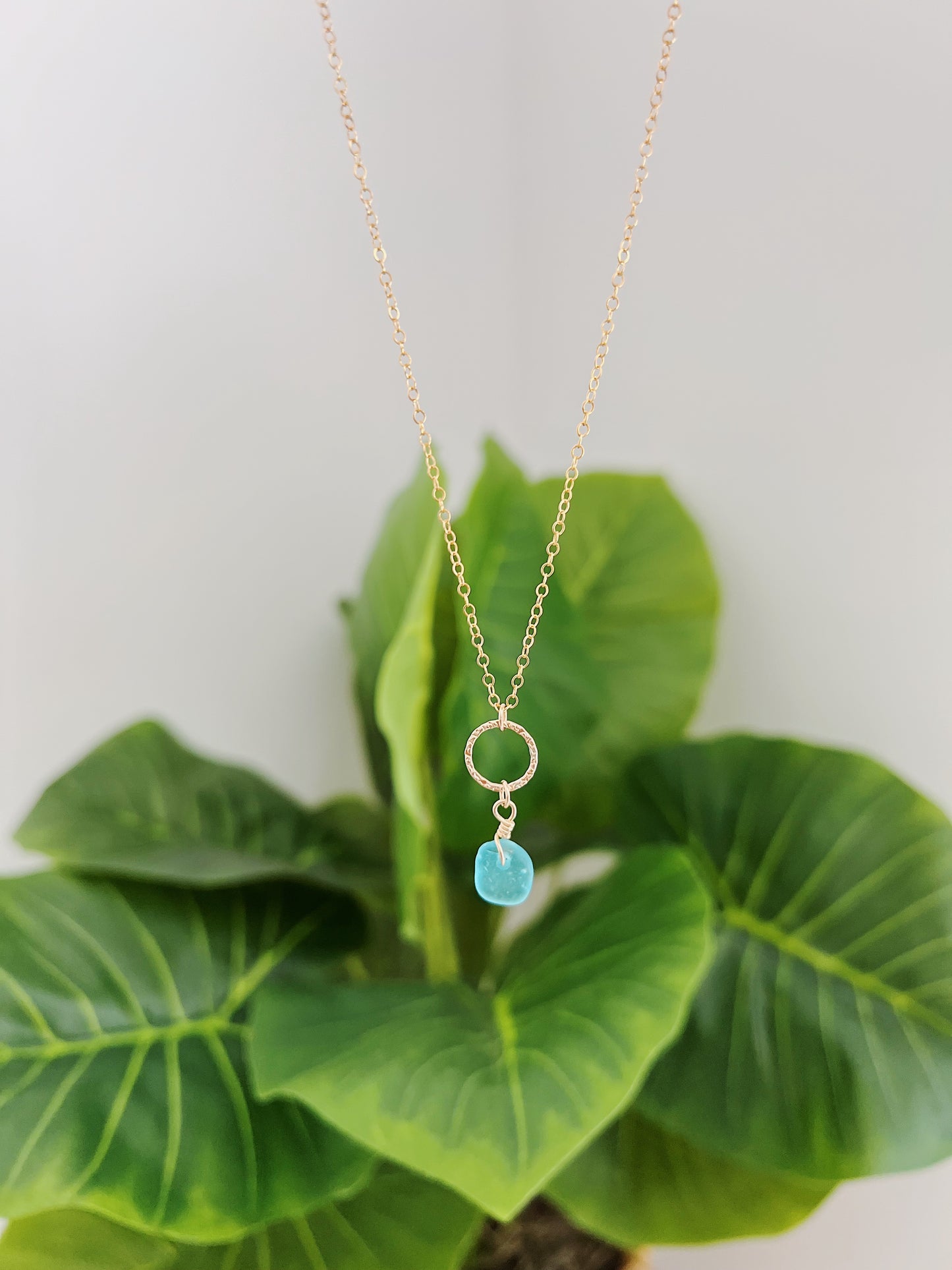 Gold Filled Light Turquoise Sea Glass Hammered Circle Necklace