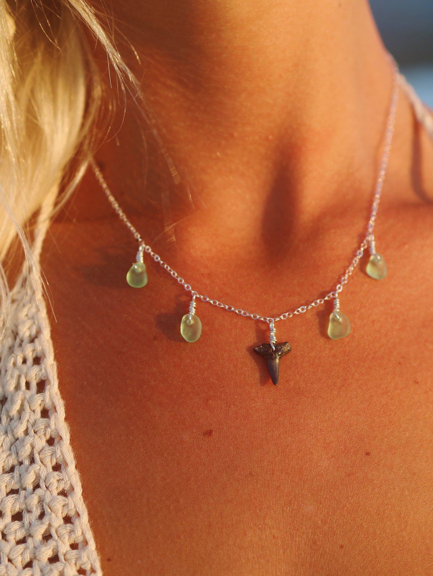 Sterling Silver Shark Tooth & Green Sea Glass Multi Necklace