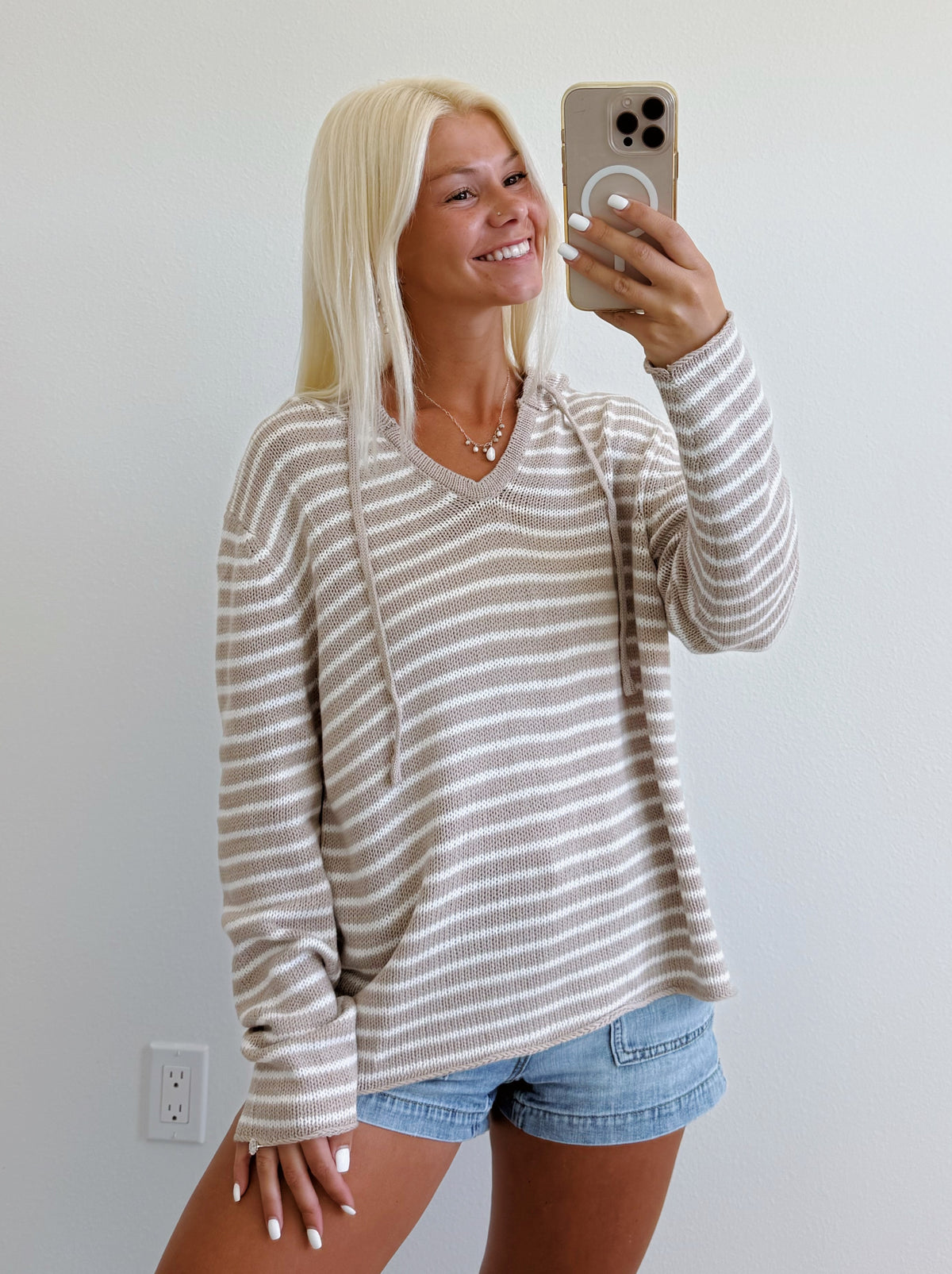 Beige & Ivory Striped Lightweight V Neck Hoodie Sweater