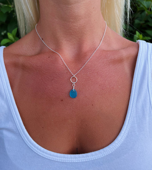 Ocean Blue Sea Glass Circle Silver Necklace