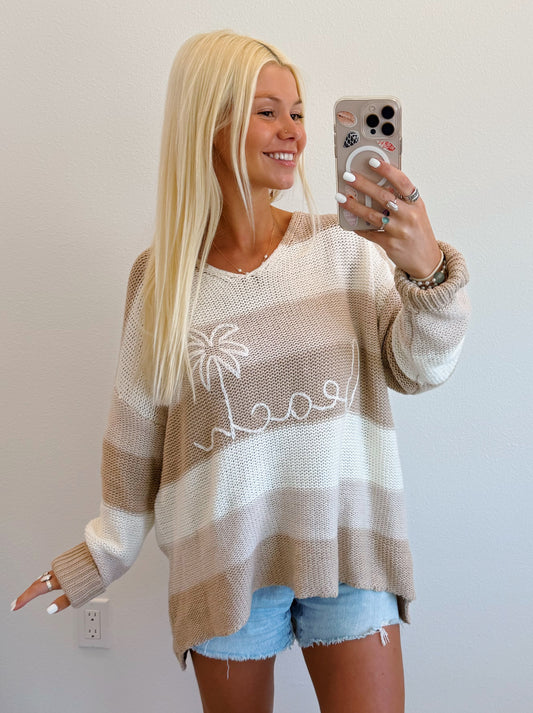 Sand Stripe Beach & Palm V Neck Knit Sweater