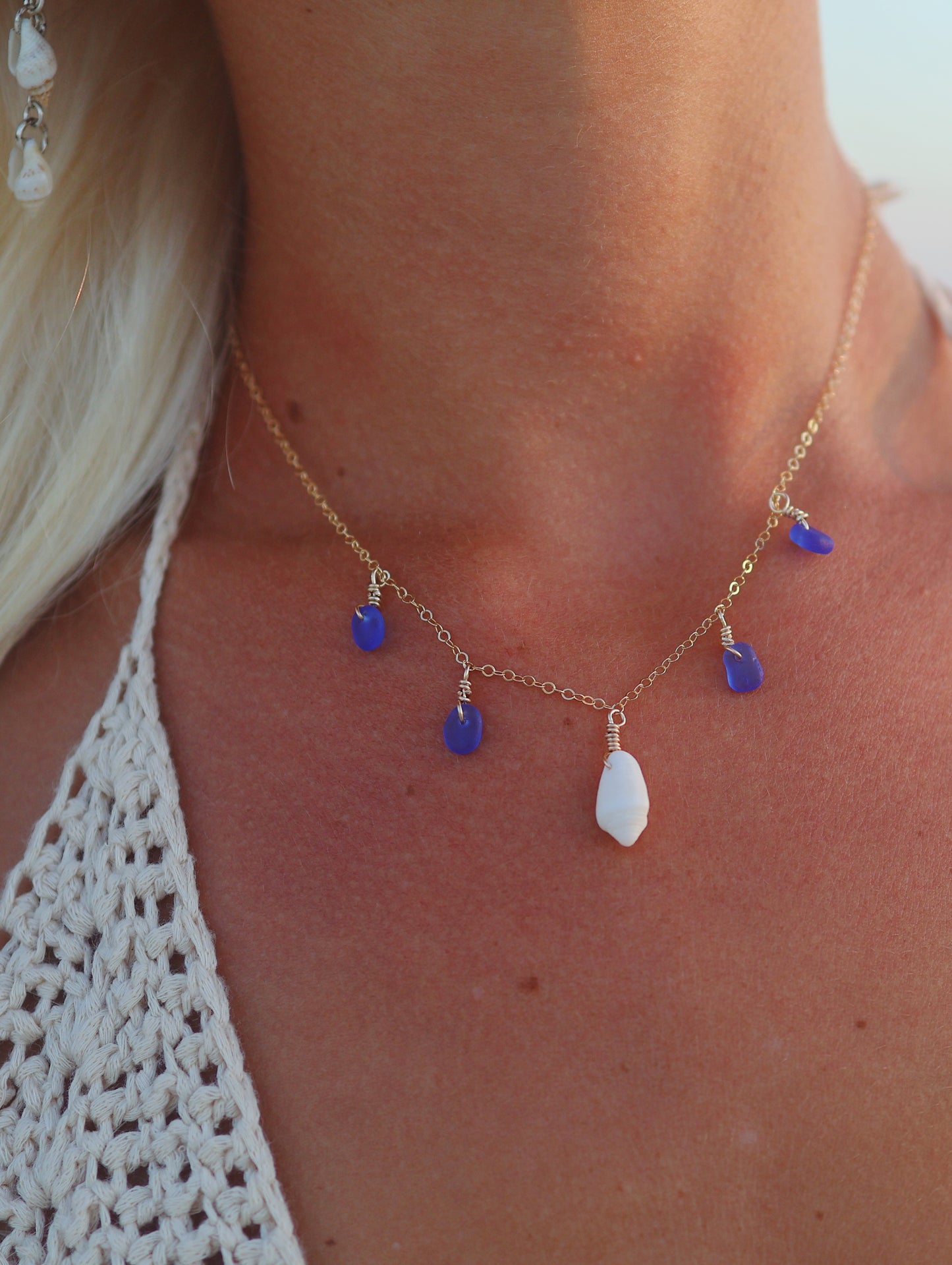 Gold Filled Royal Blue Sea Glass & White Cone Shell Multi Necklace